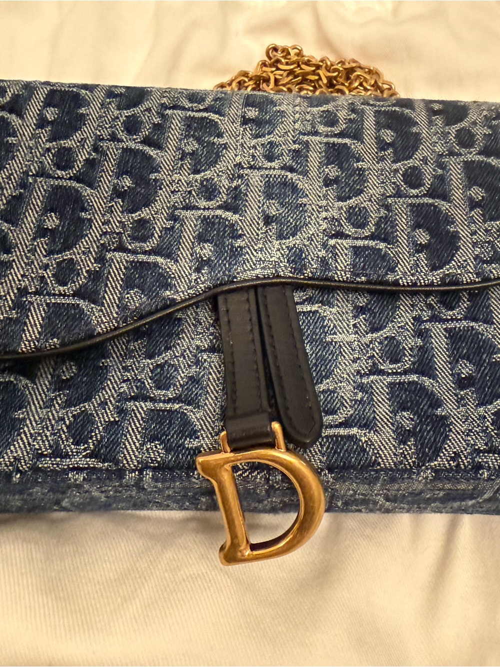 Dior Blue Denim 'D' Clasp Shoulder Bag with Gold Chain